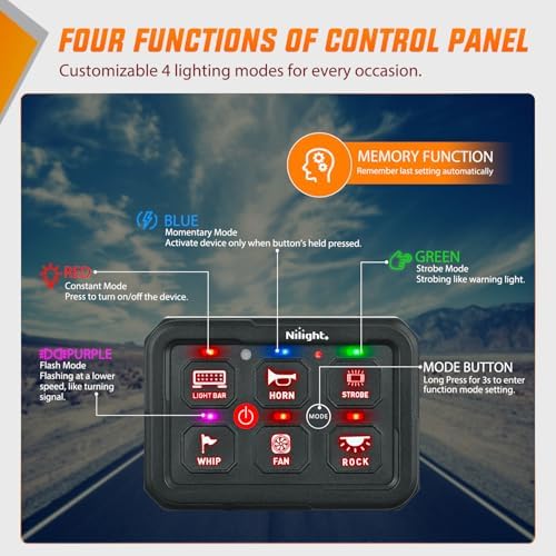 Nilight 6 Gang Switch Panel Red 12V 60A Circuit Control Relay System 4-Mode - Image 2