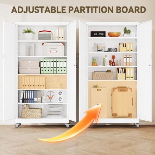 Metal Storage Cabinets with Wheels, Steel Tool Cabinets Lock Door and 5 Adjustable Shelves for Home Office, Garage, Kitchen (White, 78.7" H) - Image 4