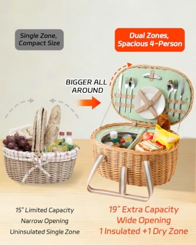 Picnic Basket for 4, Extra Large Wicker Set, 8.4 Gal, Natural - Image 2
