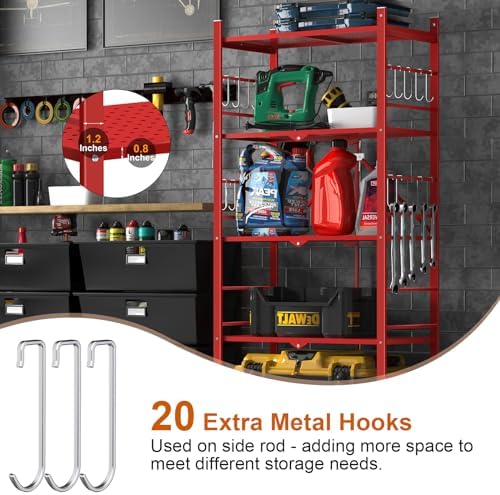 Himix 5-Tier Foldable Storage Shelf 20 Hooks Wheels Garage Red No Assembly - Image 4
