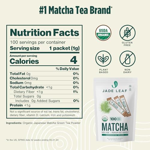 Jade Leaf Organic Ceremonial Grade Matcha Powder, 100 Green Tea Packets - Image 2