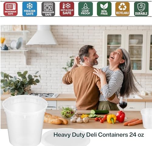 24oz [12 set] Heavy Duty Plastic Deli Container | BPA-Free Food Storage with Airtight Leak‑Proof Lids | Microwave, Freezer & Dishwasher Safe – Stackable, Bulk Reusable Soup & Meal Prep Tub - Image 4