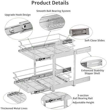 EZKAZA Pull Out Cabinet Organizer for Kitchen Utensil 14.5" W x 21" D, 2-Tier Cabinet Pullout Shelves and Drawer Organizer Slide Out Pantry Storage Basket, Bottom Basket 13.2" W x 20.4" D x 4.7" H - Image 4