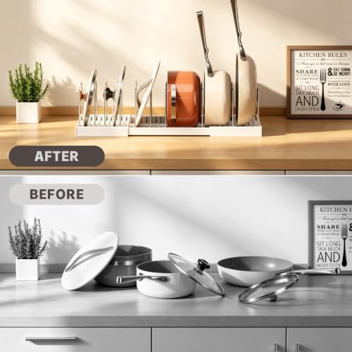 Magheo 2 Pack Pots and Pans Organizer Under Cabinet, Expandable 12.6"-22.8" Kitchen Cabinet Organizer Holder with 10 Adjustable Dividers for Food Storage Container Lid, Cookie Sheet, Cookware(White) - Image 5