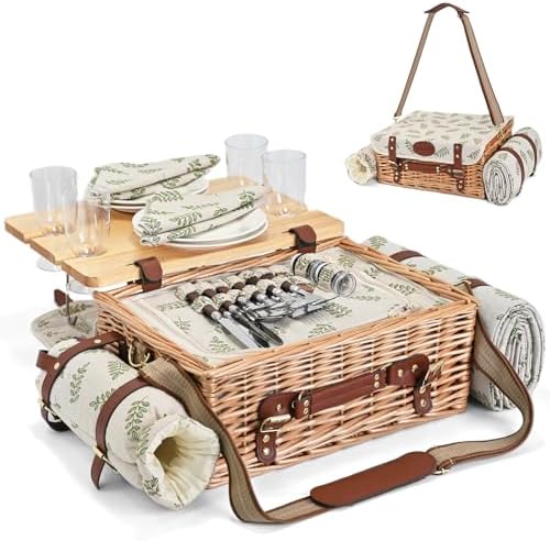 Multifunctional Wicker Picnic Basket Set for 4 with Blanket and Picnic Table, Insulated Picnic Set with Full Tablewares for Camping Outdoor Couples,Leaf by SatisInside