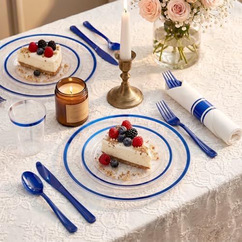350PCS Clear Blue Plastic Plates Dinnerware Sets for 50 Guests - Image 2
