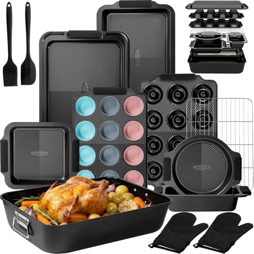 Kikcoin 25-Piece Nonstick Baking Pans Set with Large Turkey Roasting Pan, Stackable Ceramic Bakeware Set, 450°F Oven Safe Baking Sheet Set with Silicone Handles, Cookie Sheets for Baking, Black by Kikcoin