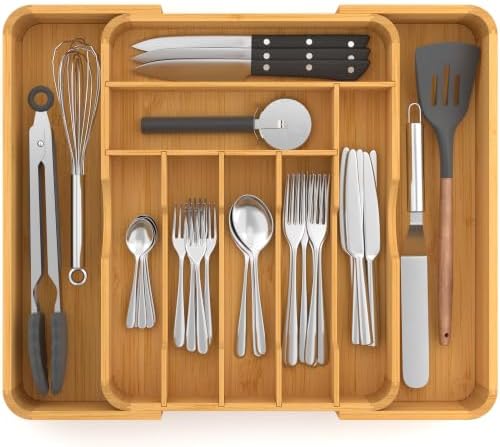 Suli Extra Large Silverware Drawer Organizer,Expand 12.6in to 19.7in,Bamboo by Suli