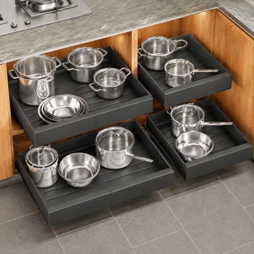 4 Pack Pull out Cabinet Organizer, Expandable(12"-20") Heavy Duty Slide out Drawer Fixed with Adhesive Nano Film for Pots, Roll out Shelf Storage for Kitchen Organization, Pantry, Bathroom(Black) by Kitstorack