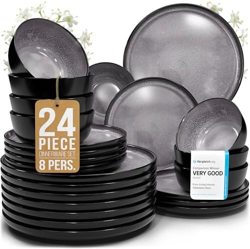 24 Piece Stoneware Dinnerware Set for 8, Handcrafted Plates and Bowls Set by PURELIVING