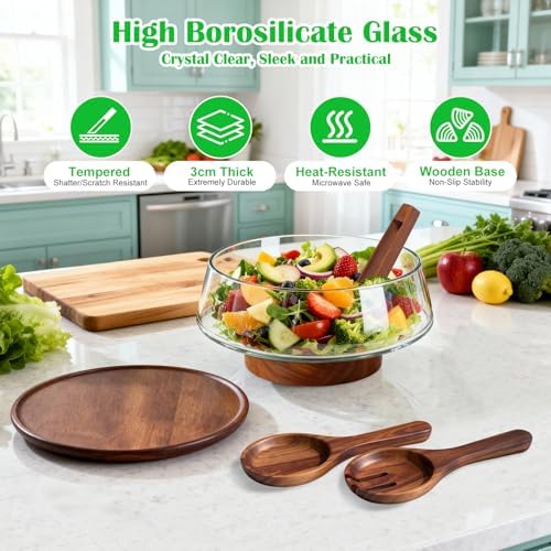 Extra Large Glass Salad Bowl with Lid Set, 5-Qt (160 fl oz) Mixing/Serving Bowl with Wood Base & Salad Servers, Trifle Bowl for Kitchen, Parties & Christmas - Image 3
