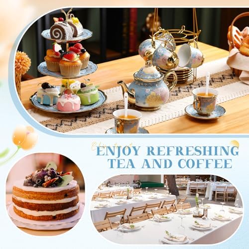 21 Pcs Porcelain Tea Set with 3 Tier Dessert Stand, Blue, Elegant - Image 3