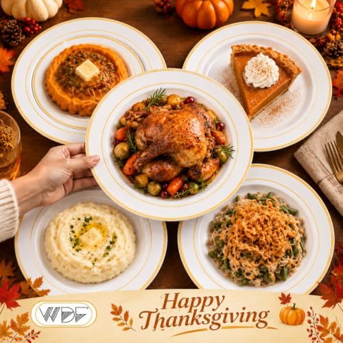 WDF Partyware 175PCS White and Gold Plastic Plates - Gold Plates with Rolled Napkins for Party - 25Guest Disposable Dinnerware Sets for Thanksgiving/Wedding/Birthday - Image 7