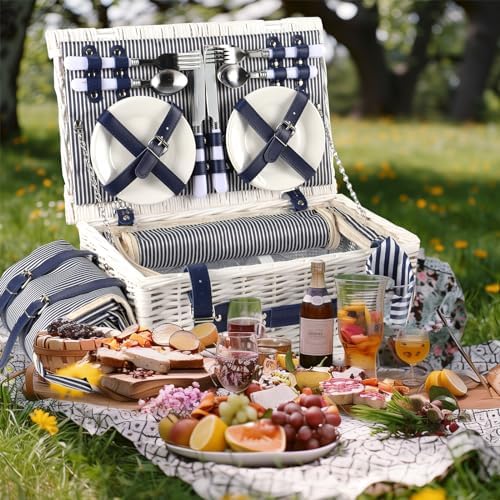 Picnic Basket for 4 with Waterproof Blanket, Blue & White Stripe - Image 2
