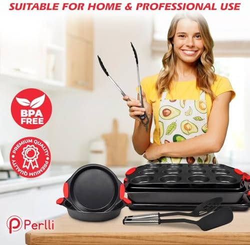 PERLLI Non-Stick 17-Piece Baking Pan Set, BPA-Free Carbon Steel Bakeware Set with Silicone Handles, Stackable Kitchen Oven Set, Cookie Sheet, Baking Tray, Baking Sheet Set, Utensils, Oven Safe (446°F) - Image 5
