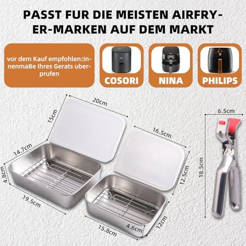 Stainless Steel Casserole Dish for Airfryer 2-Piece Set with Drip Rack & Sealing Lid, Hot Air Fryer Accessories for Ninja Cosori Philips - BPA-Free, Odourless, Robust & with Heat Protection Handles - Image 4