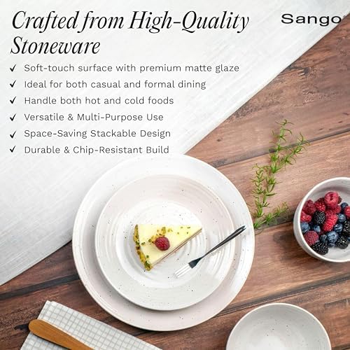 Sango Siterra 16-Piece Rustic White Stoneware Dinnerware Set – Service for 4, White with Glossy Speckle Overlay, for Everyday Dining & Entertainment, Microwave & Dishwasher Safe - Image 3