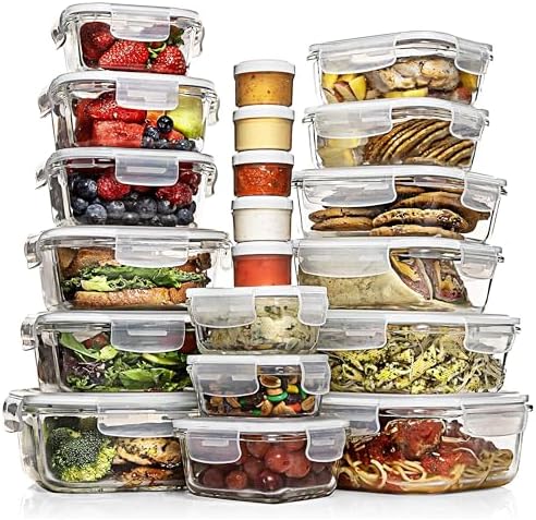 Razab 35 Pc Set Glass Food Storage Containers with Lids - Meal Prep Airtight Bento Boxes BPA-Free 100% Leak Proof (15 lids,15 glass & 5 Plastic Sauce/Dip Containers) by RazabHomeGoods