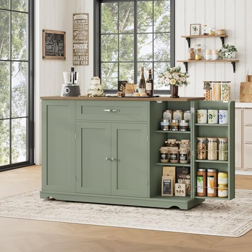 HOSTACK 47" W Kitchen Island Cart with Storage, Rolling Island Table, Green - Image 4