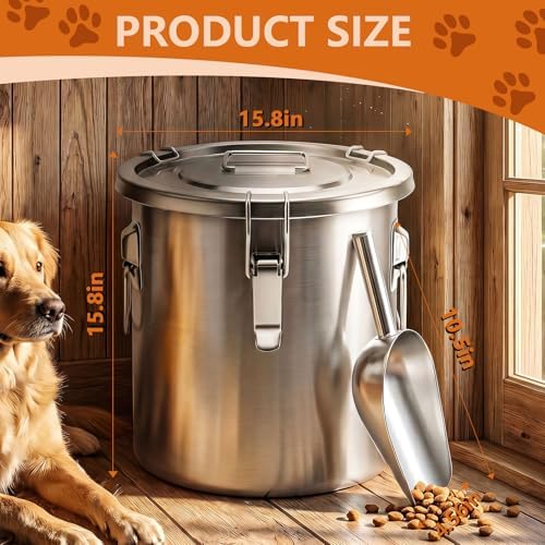 40LB Stainless Steel Dog Food Storage Container with Lid & Scoop, Large Dog Food Storage Container for Dry Pet Food, Metal Dog Food Container, Pet Food Storage Container for Kibble - Image 2