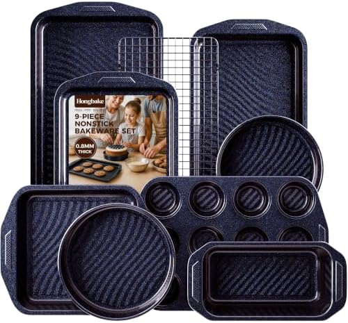 9-Piece Nonstick Bakeware Set, Non-Toxic Baking Pans Set, Shimmer Blue by HONGBAKE