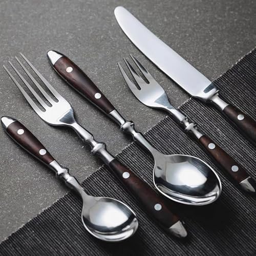 Rivet Brown Silverware Set for 12 Cutlery Set Wood Resin Handle Flatware 18/8 Stainless Steel Utensil Sets Mirror Polished Steak Tableware Spoons And Forks Set Home Hotel Restaurant 60 PCS by ZILNEHZ
