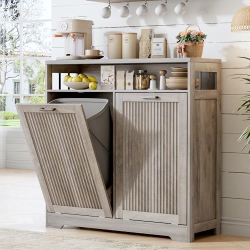 Pet-Proof Double 13 Gallon Tilt Out Trash Can Cabinet with Open Storage – Hide Garbage & Recycling Bins to Keep Your Kitchen Clean and Organized,Wood Grey by JMHDYG