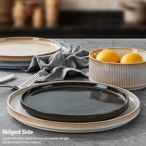 LIANYU Dinnerware Stoneware Sets with Pasta Bowls, 16 Piece Plates and Bowls Set for 4, Ribbed Dishes Set for Home, Microwave and Dishwasher Safe, Four-color - Image 5