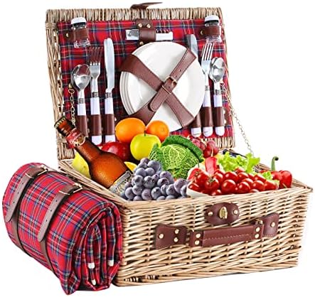 Wicker Picnic Basket for 4 with Waterproof Blanket Red Grid by HYBDAMAI