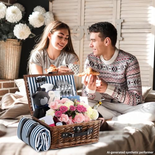 Picnic Basket for 4 with Waterproof Blanket, Blue &Grey Stripe - Image 5