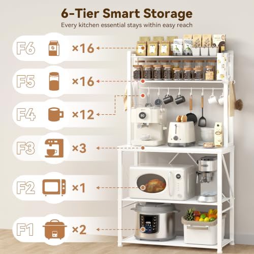 YASONIC Coffee Bar, Bakers Rack with Storage, 25.6 Inches Microwave Stand, 5 Tier Kitchen Shelves Appliance Storage, 12 S Hooks Large Coffee Station for Spices, Pots and Pans, White - Image 4