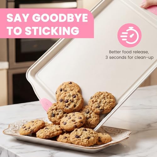 Kikcoin 22 PCS Nonstick Baking Pans Set, Stackable Bakeware Sets with Silicone Handles, 450°F Oven Safe Baking Sheet Set, Easy Release Cookie Sheets for Baking, Pink - Image 4