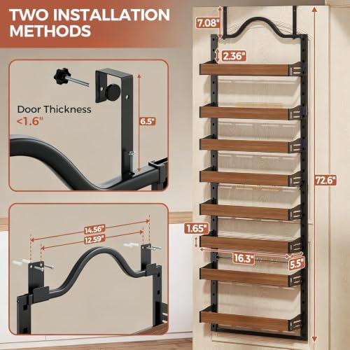 8-Tier Pantry Door Organizer, Over the Door Pantry Organizer with Wooden Adjustable Baskets, 2 IN 1 Spice Rack Wall Mount or Door Organizer, Door Spice Rack for Pantry（72.6×17.1×5.1in,Black) - Image 2