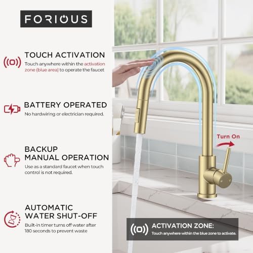 FORIOUS Gold Touch Kitchen Faucet with Pull Down Sprayer, Single Hole - Image 4