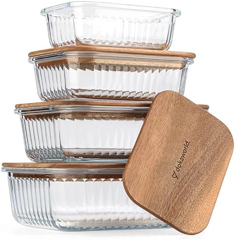 Ribbed Glass 4 Stackable Meal Prep Containers with Acacia Lids by Dokaworld