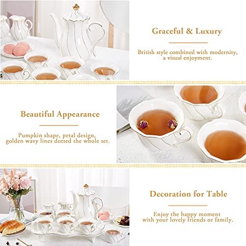 DUJUST 14 pcs Tea Set for 6 with Tea Tray & Spoons, Luxury British Style Coffee Cup Set with Golden Trim, Beautiful Porcelain Set for Living Room Decor, Tea Party Set, Gift Package - White - Image 3