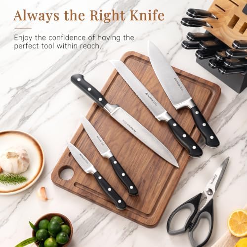 Knife Set,Astercook Kitchen Knife Set with Block 22-Piece Full Tang Stainless Steel Knives with Sharpener Dishwasher Safe and Anti-Slip Ergonomic Handle Elegant Black Utensils Set - Image 5