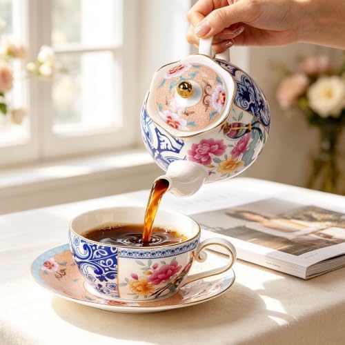 KAMMAK Tea for One Set, Ceramic Teapot, Bone China Tea Set, Cup and Saucer - Image 5