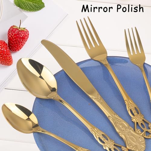 Retro Royal Gold Silverware Set With Gift Box, 60-Pieces Cutlery Set Utensils Stainless Steel Flatware For 12 MIKIWAY Kitchen Tableware Set For Gifts Festive, Dishwasher Safe, Mirror Polishing - Image 5