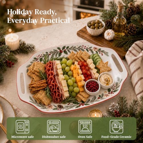 DOWAN Christmas Serving Tray with Handles - 16.5 Inch Large Ceramic Platter for Turkey, Ham & Party Food, Rectangular Serving Dish for Holiday Entertaining - Oven & Dishwasher Safe - Image 7