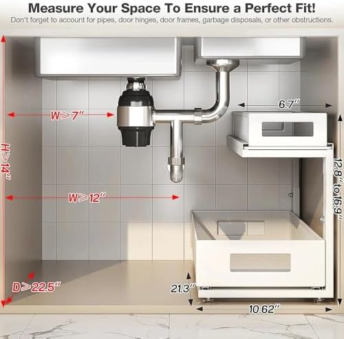 2 Pack 21.3IN-Depth Under Sink Organizer With Next-Gen Ball-Bearing Slides,2-Tier Pull Out Cabinet Storage,Height Adjustable Drawer Shelf for Bathroom,Kitchen,Laundry,Cabinet,Pantry-White - Image 2