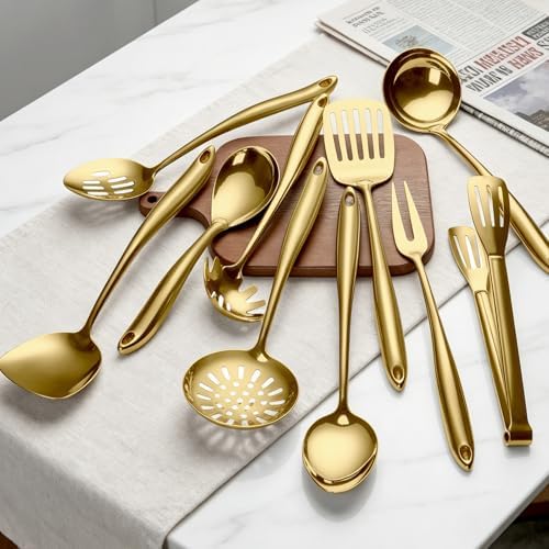 304 Gold Stainless Steel Cooking Utensils Set, 11 PCS Long Large Metal Cooking Utensil Tools Set with Fork, Spatulas, Spoons, Skimmer, Ladle, Pasta Server, Tongs - Image 5