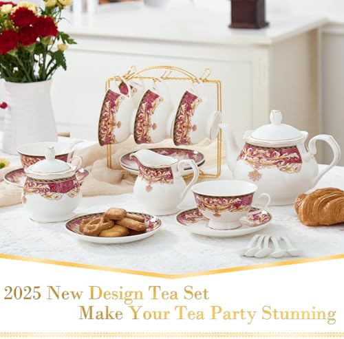 DUJUST 22 pcs Royal Vintage Porcelain Tea Set for 6, Luxury British Tea Sets for Adults with Red Patterns & Golden Trim, Beautiful Floral Tea/Coffee Cup Set, Gift Package - Royal Treat for You - Image 3