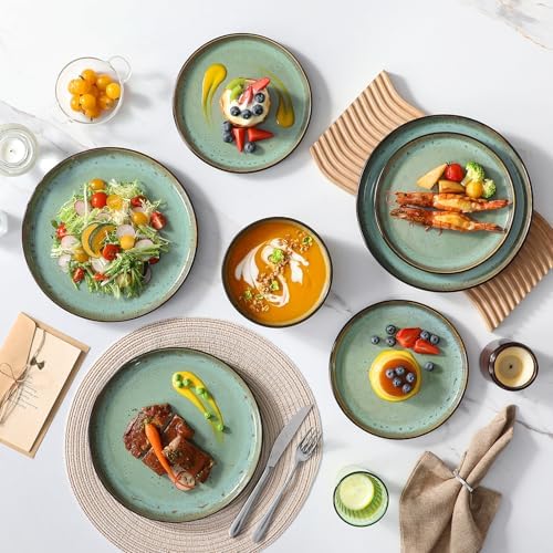 vancasso Plates and Bowls Sets, 18 Pieces Stoneware Dinnerware Sets for 6, Kitchen Dish Set Mircowave and Dishwasher Safe Ceramic Dishware, Turf Green, Series AMBER - Image 2
