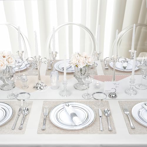 175 PCS White and Silver Plastic Dinnerware Set for 25 Guests, 50 Disposable Plates for Party, 25 Pre Rolled Napkins with Silver Silverware, 25 Cups - Image 6