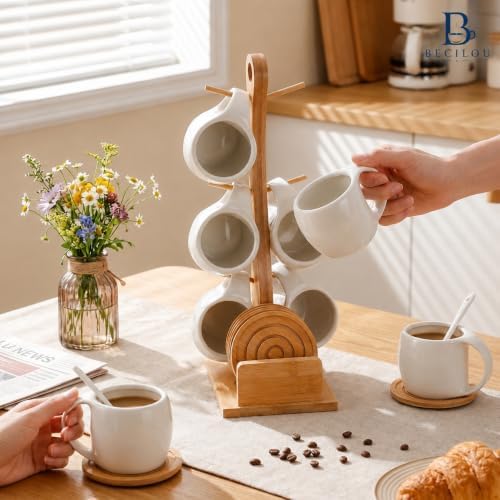 Coffee Mug Set of 6 with Bamboo Rack, White Ceramic Coffee Cups with Coasters and Spoons, Space Saving Mug Tree Stand Organizer for Coffee Bar, Kitchen Counter, Tea, Cappuccino, Espresso, 6 oz - Image 5