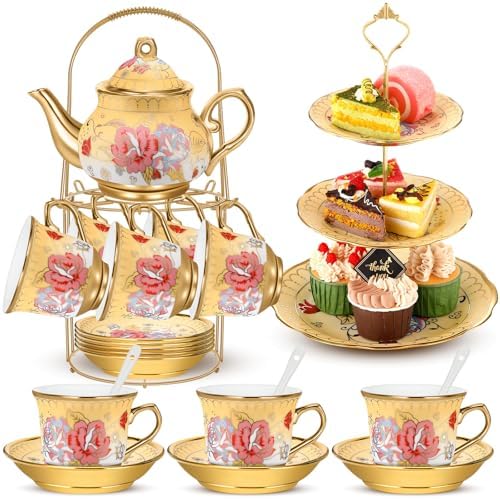 21 Pcs Porcelain Tea Set with 3 Tier Dessert Stand, Yellow, Vintage by Suttmin