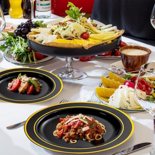 bUCLA 300PCS Black and Gold Disposable Dinnerware Set - 50 Guests Black Plastic Plates with Gold Rim Include 50 Dinner / 50 Dessert Plates, 50 Forks,50 Knives,50 Spoons&50 Cups for Party&Graduation - Image 4