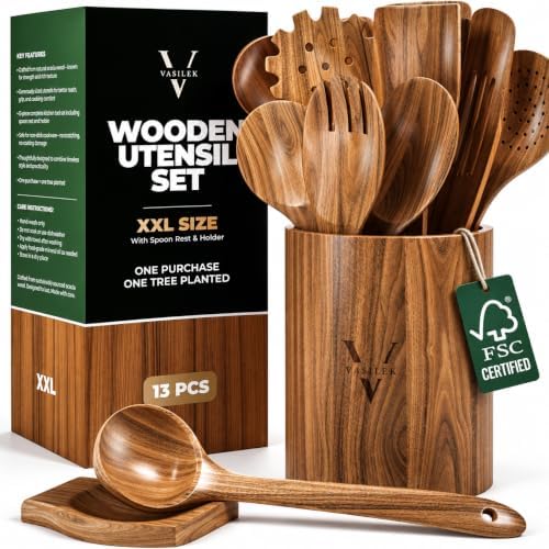 XXL Wooden Utensil Set, 13-Piece Acacia Wood Tools with Holder & Spoon Rest by Vasilek