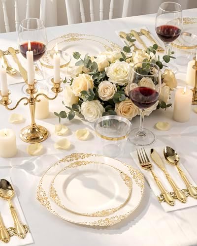 Morejoy 350PCS Lvory Plastic Plates,Lvory Gold Plastic Dinnerware Set - Image 5